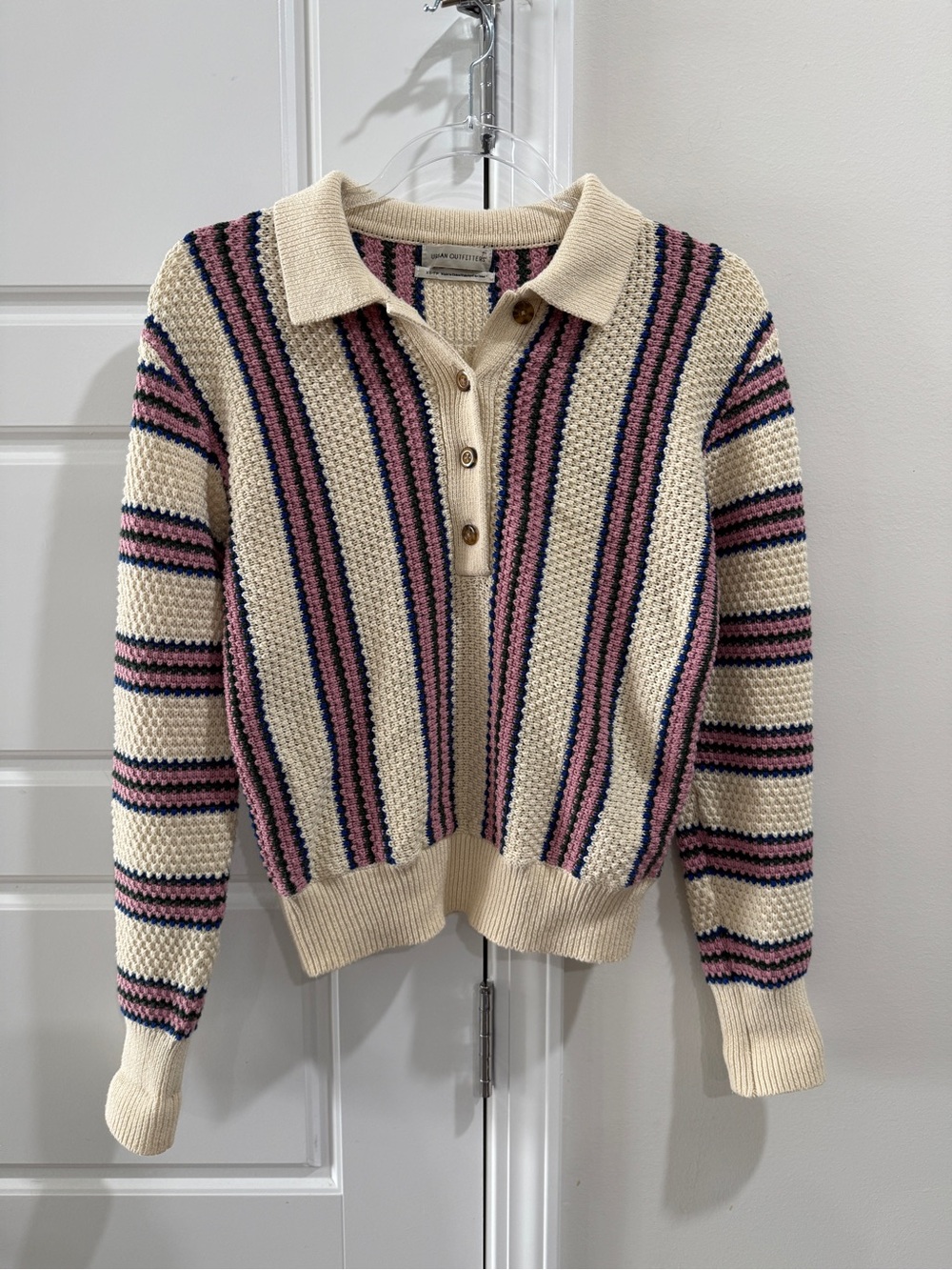 Urban Outfitters Cream Collared V-Neck Sweater with Pink & Navy Stripes